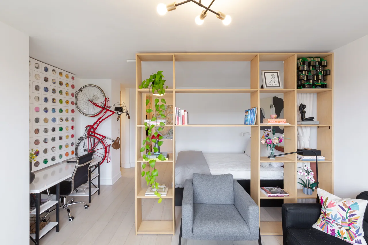 Open timber shelving separates the living and sleeping spaces